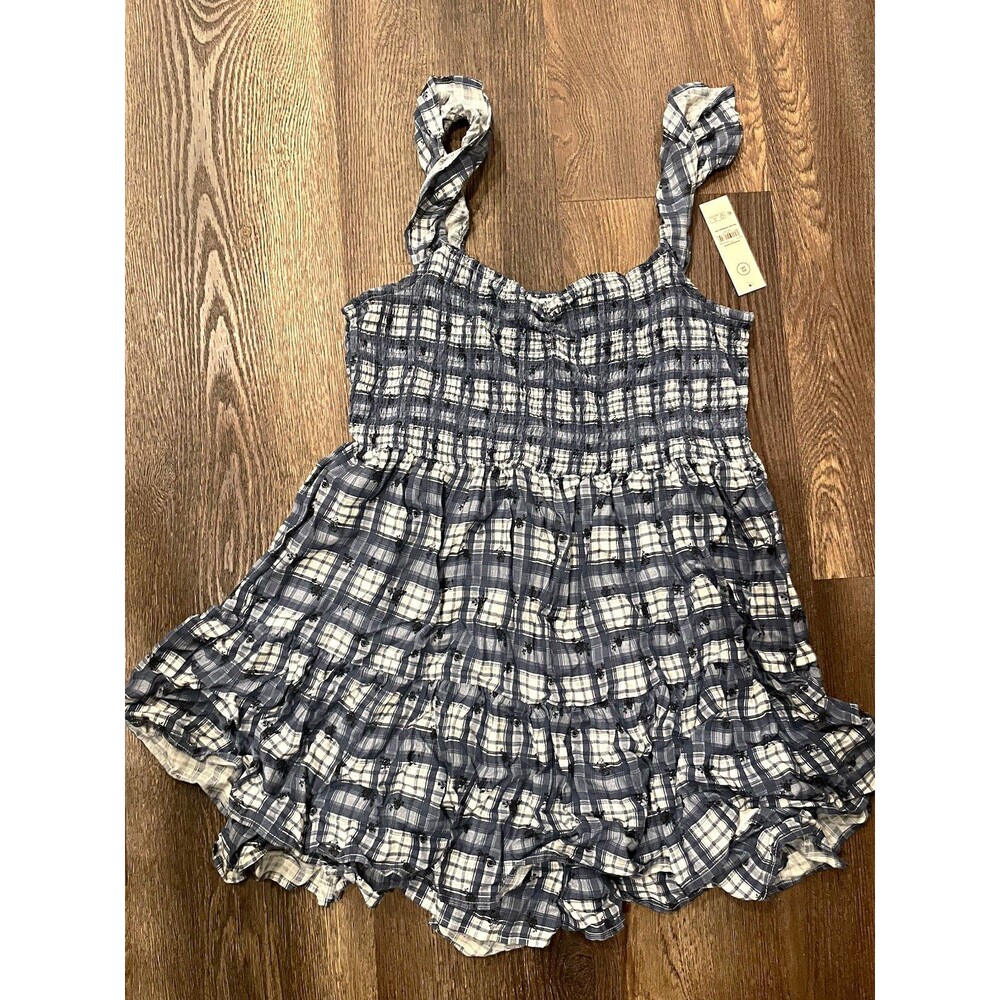 No Boundaries Juniors Blue White Plaid Smocked Ruffle Romper Square Neck XXL